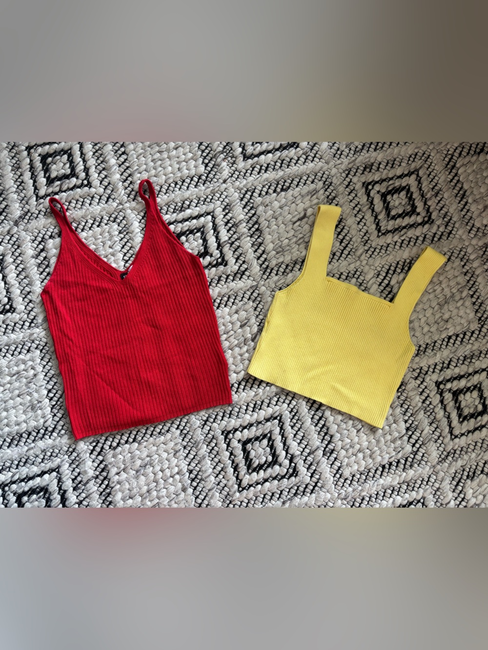 Red V-Neck Ribbed Tank & Yellow Ribbed Square-Neck Crop Tank